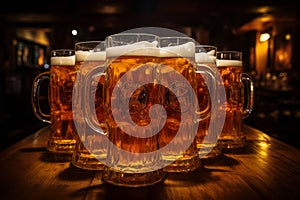 Diverse friends joyfully savoring beers at brewery pub happy hour at bar table with brew glasses