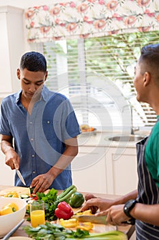 Diverse gay male couple spending time in kitchen cooking together