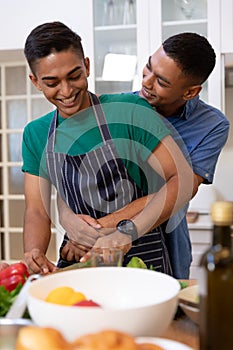 Diverse gay male couple spending time in kitchen embracing and smiling