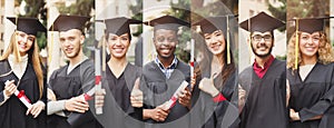 Diverse Graduates Students In Academic Dress Posing Outdoors, Portraits Collage