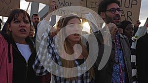 Diverse group of activists people protesting against war and violence.