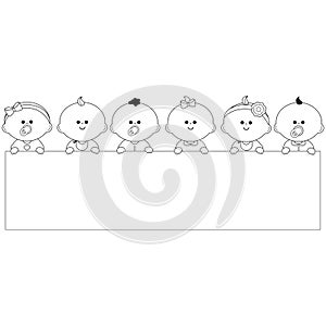 Diverse group of babies and blank banner. Cute baby girls and boys holding a blank sign. Vector black and white coloring page.