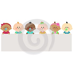 Diverse group of babies and blank banner. Vector illustration