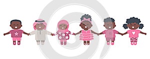 Diverse group of baby girls and baby boys. Children holding hands