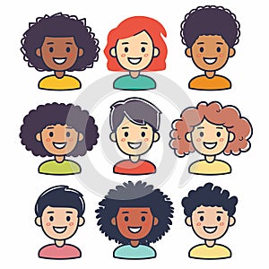 Diverse group cartoon characters smiling, character showcases different ethnicities, hairstyles photo