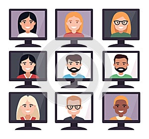 Diverse group of cartoon people in computer screens. Online meeting, remote work, or virtual conference. Multicultural