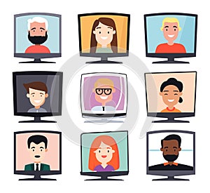 Diverse group of cartoon people on computer screens. Virtual meeting, online diversity, and remote work concept vector
