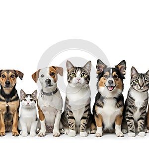 Diverse group of cats and dogs on white background