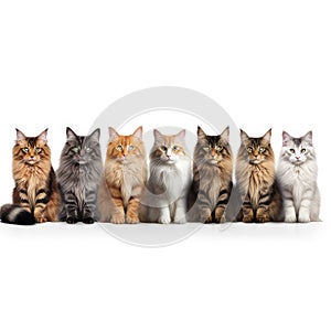 A diverse group of cats, each representing a different breed, sitting neatly in a row on a white background.