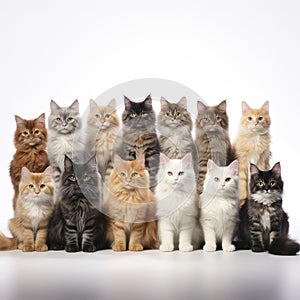 A diverse group of cats, each representing a different breed, sitting neatly in a row on a white background.