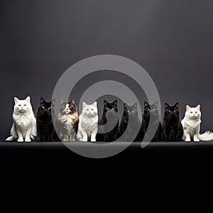 A diverse group of cats, each representing a different breed, sitting neatly in a row on a white background.