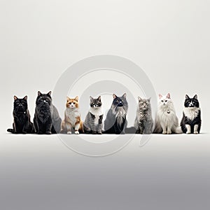 A diverse group of cats, each representing a different breed, sitting neatly in a row on a white background.