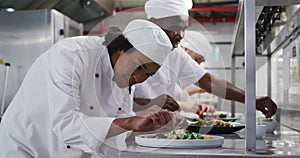 Diverse group of chefs garnishing dishes and similing in restaurant kitchen