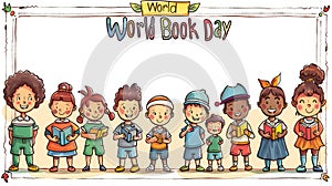 Diverse group of children holding books with World Book Day banner above.
