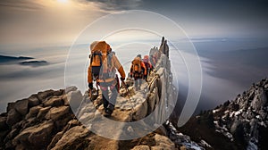 Diverse group of climbers making their ascent up the rocky steps of a mountain trail, AI-generated.