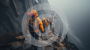 Diverse group of climbers making their ascent up the rocky steps of a mountain trail, AI-generated.