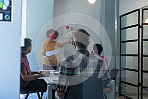 Diverse group of colleagues wearing masks in office meeting