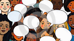 Diverse Group Communication Concept with Empty Speech Bubbles, Multicultural Faces for Social Dialogue and Inclusion photo
