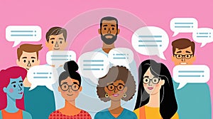Diverse Group Communication Concept with Empty Speech Bubbles, Multicultural Faces for Social Dialogue and Inclusion photo