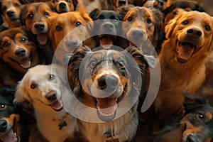 A diverse group of dogs, with mouths open, creating a harmonious and playful scene