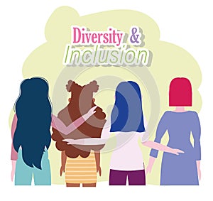 diverse group female hugging back view character and inclusion