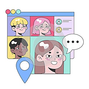 Diverse group of friends engages in an online chat platform. Flat vector illustration.