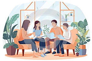 A diverse group of friends and family sitting together in a cozy living room, happy family sitting on therapy session by female