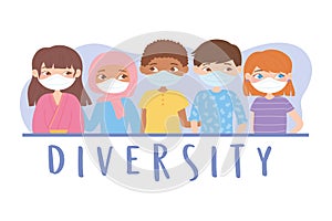 diverse group of girls and boys wearing face masks