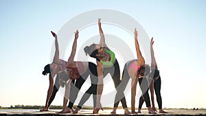Diverse group happy women doing stretching exercise together, fitness training