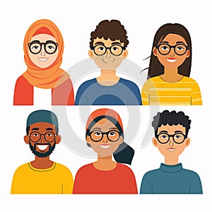 Diverse group illustrated characters smiling, multicultural representation. Six young adults photo