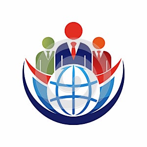 A diverse group of individuals encircle a rotating globe, representing global unity and collaboration, A simple yet impactful logo photo