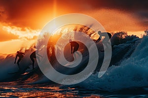 A diverse group of individuals enjoying the exhilarating experience of riding waves on top of surfboards in the ocean, A group of