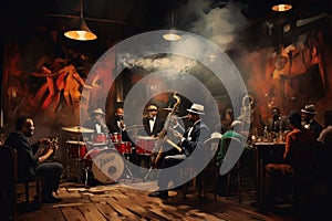 A diverse group of individuals gathered around a table, playing a variety of musical instruments, A lively jazz band performing in