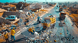 A diverse group of individuals, including garbage collectors, standing on the side of a secluded road, united in purpose