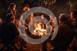 A diverse group of individuals sitting in a circle, enjoying a warm fire together, group of seniors gathered around a bonfire,