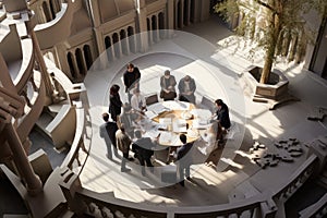 A diverse group of individuals standing around a table in a bright room, engaged in a discussion about a project, The architecture