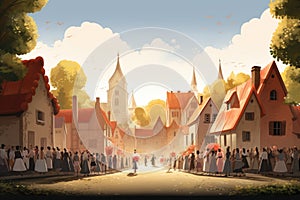 A diverse group of individuals standing in front of a building, showing unity and teamwork, Animated wedding procession through a