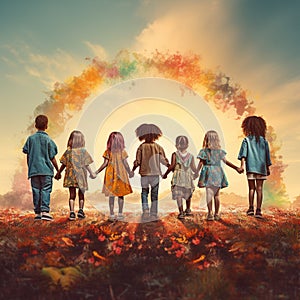 Diverse Group of Kids Walking in a Field with Colorful Leaves Happy Friendship Day conceptAi generative