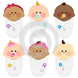 Diverse group of newborn babies wrapped in cloth blankets. Cute swaddled newborn baby infants. Vector Illustration collection