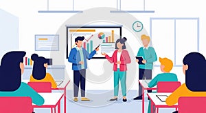 Diverse group of people attending a business presentation in a modern classroom or office with charts and graphs