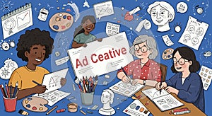 A diverse group of people is collaborating at a table, engaging in creative work. They