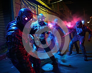 A diverse group of people in colorful costumes and masks standing together on a sidewalk