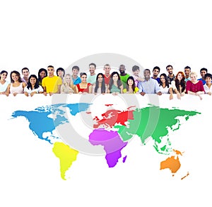 Diverse Group of People with Colourful World Map