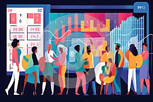 A diverse group of people gathered around a stock market ticker board, anxiously monitoring the fluctuating numbers. Generative AI