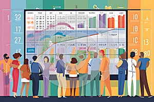 A diverse group of people gathered around a stock market ticker board, anxiously monitoring the fluctuating numbers. Generative AI