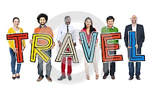 Diverse Group of People Holding Text Travel