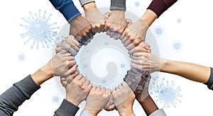 Diverse hands clasped together forming a circle of unity and support