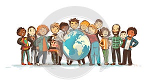 Diverse group of people joyfully embracing a large globe, representing global unity and cultural diversity in a colorful