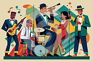 A diverse group of people passionately playing a variety of musical instruments, creating lively jazz music together, Jazz band