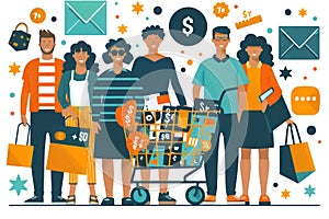Diverse group of people with shopping bags and cart full of colorful items on white background